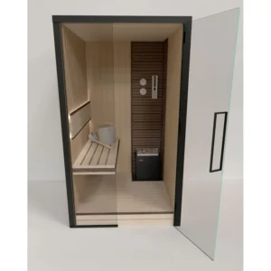 LOFTY 1212 Sauna – Abachi Wood + Glass Front + 2 Visible Sides