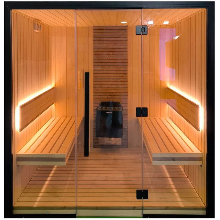 LOFTY 1818 Sauna — Abachi Wood with Glass Front & Two Visible Sides