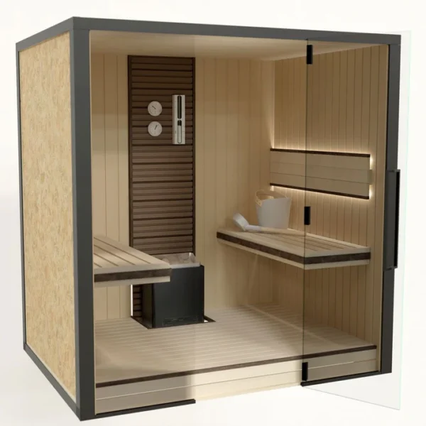 LOFTY 1818 Sauna — Abachi Wood with Glass Front & Two Visible Sides